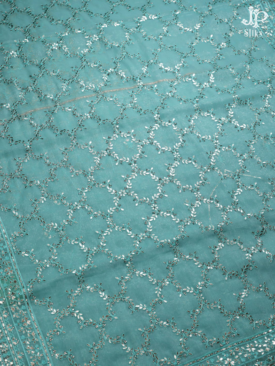 Turquoise Blue Kota Patti Work Shimmer Chiffon Fancy Saree - D9114 - View 4