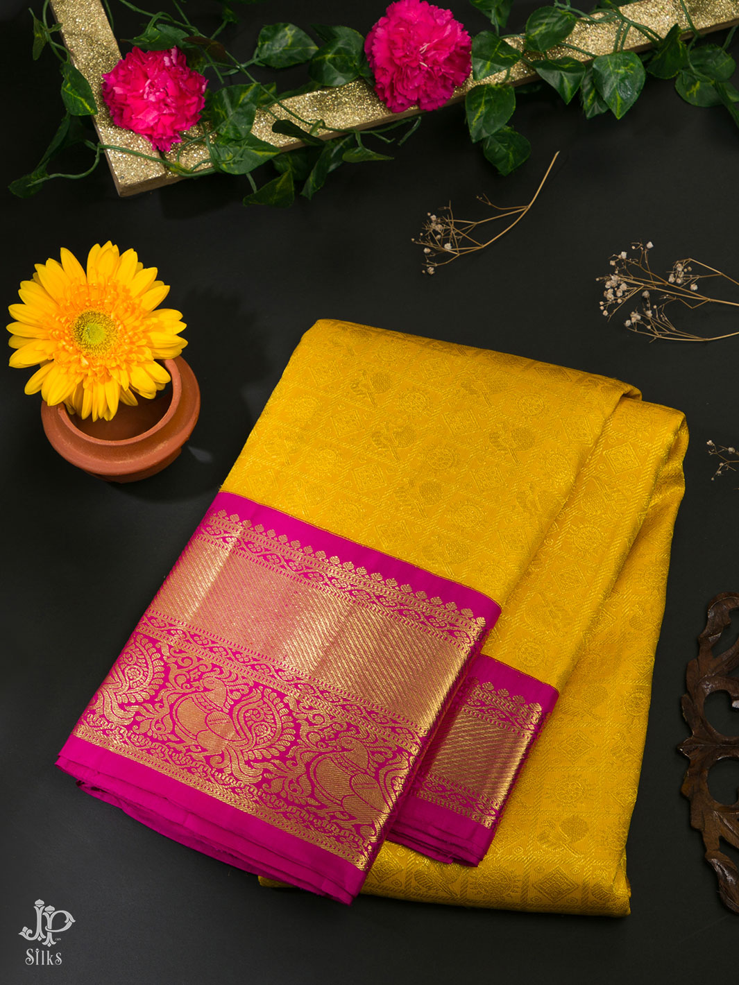 Yellow and Pink Kanchipuram Silk Saree - A7033 - View 1