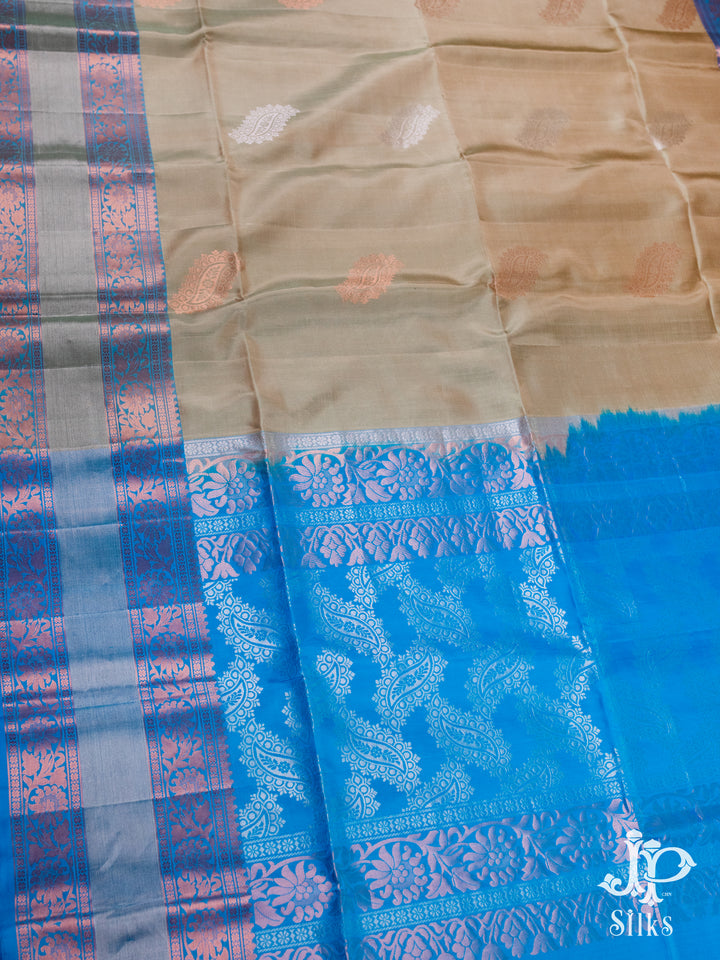 Beige and Sky Blue Soft SIlk Saree - D5986 - VIew 3