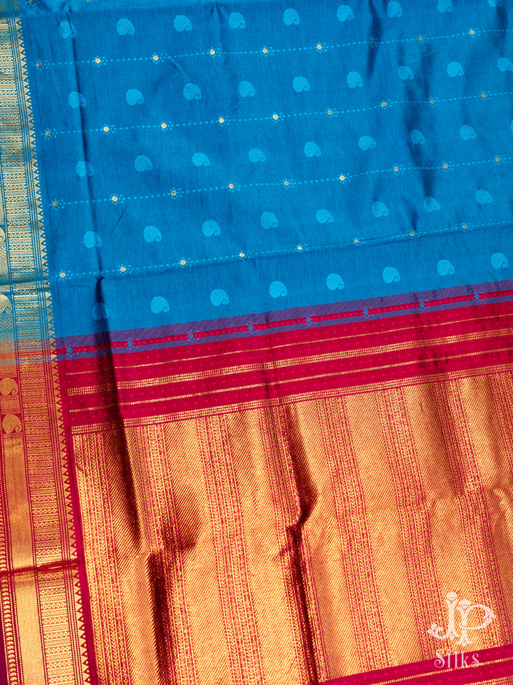 Sky Blue and Red Poly Cotton Saree - D1167 - VIew 1