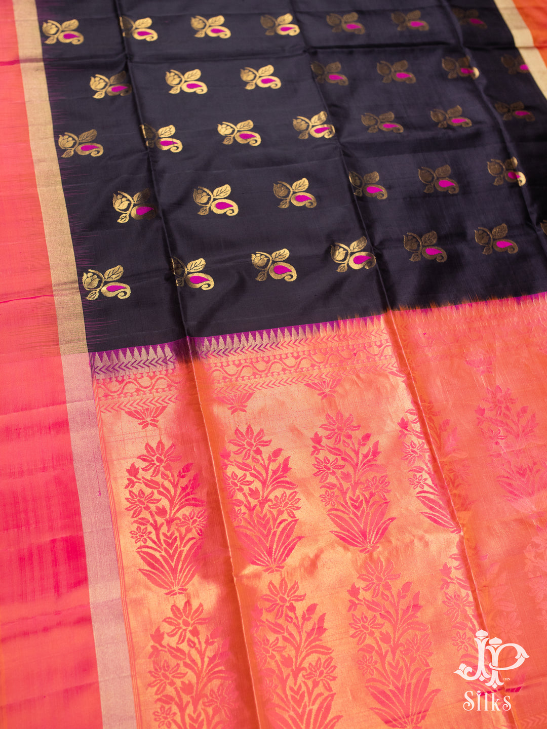 Black and Reddish Orange Soft Silk Saree - C441 - VIew 1