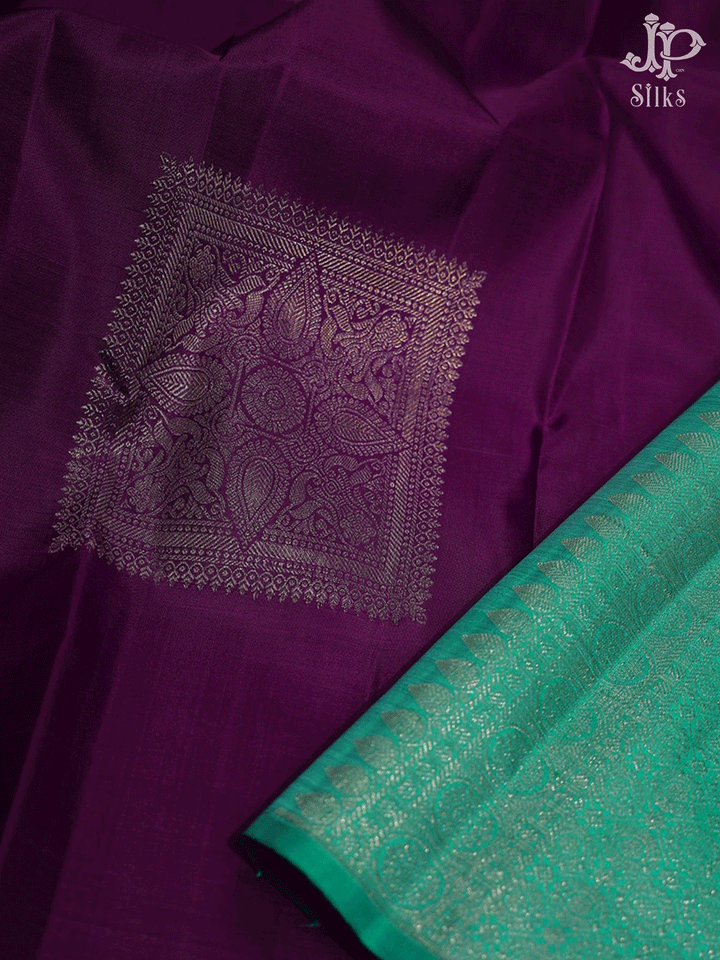 Burgundy and Teal Green Borderless Square Buttas Kanchipuram Silk Saree - F8 - View 4
