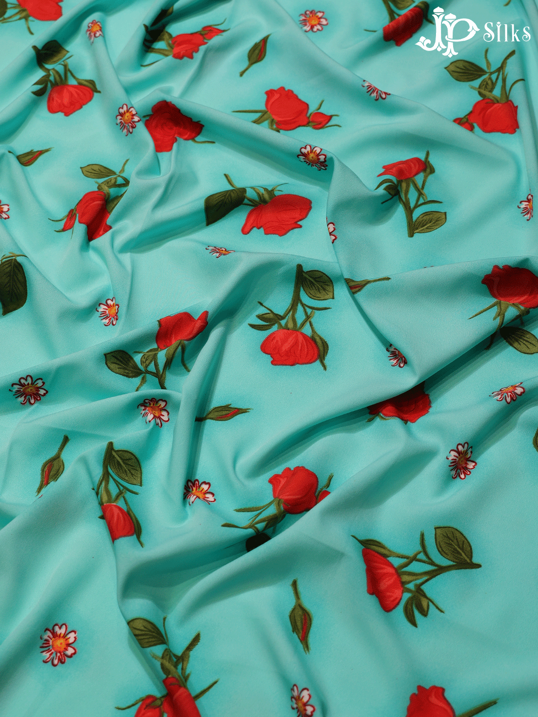 Teal Blue , Red and Green Digital Printed Chiffon Fabric - A14345