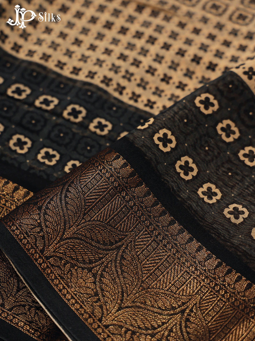Beige and Black Semi Chanderi Fancy Saree - E1578 - View 4