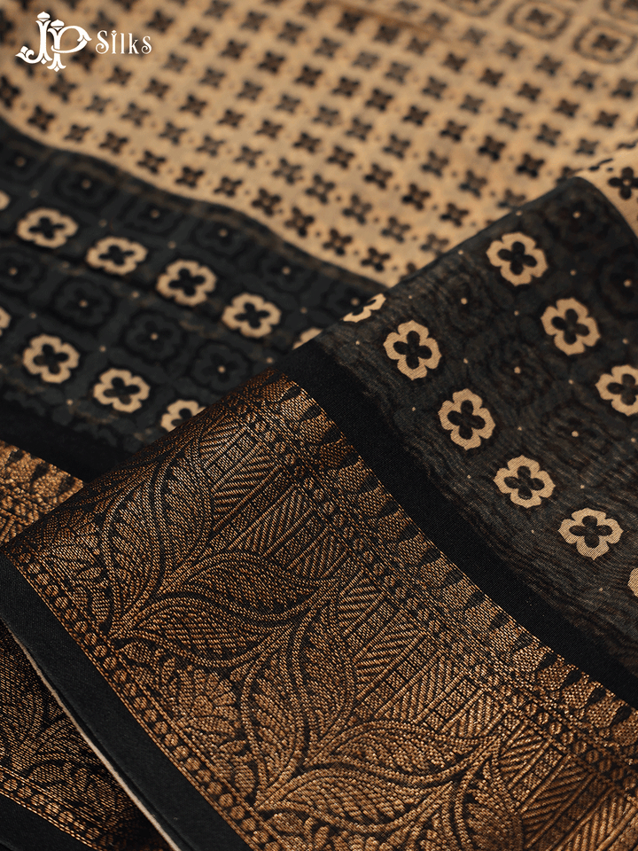 Beige and Black Semi Chanderi Fancy Saree - E1578 - View 4