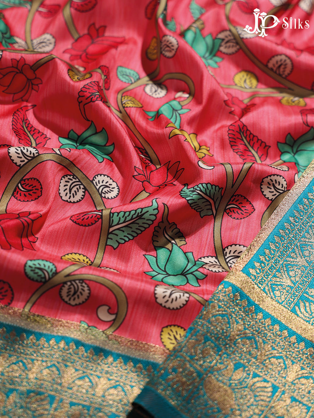 Pink and Teal Blue Semi banaras with Digital Prints Fancy Sarees -  E4000 - View 1