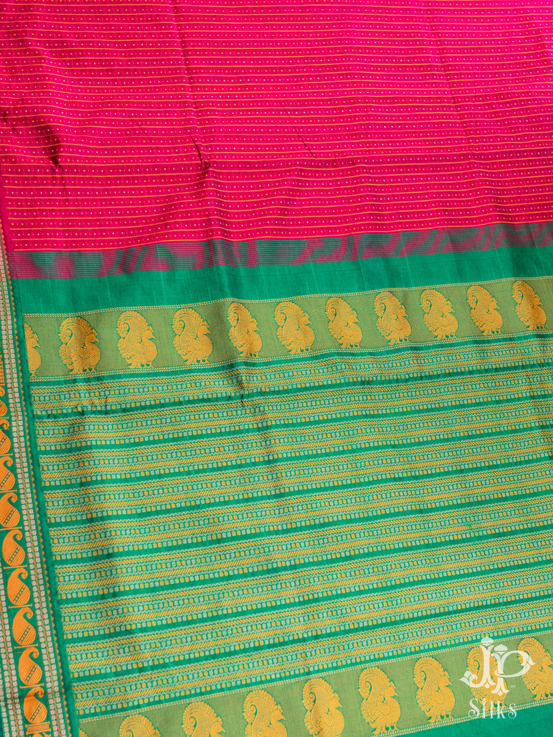 Rani Pink and Leaf Green Poly Cotton Saree - D1163 - View 2