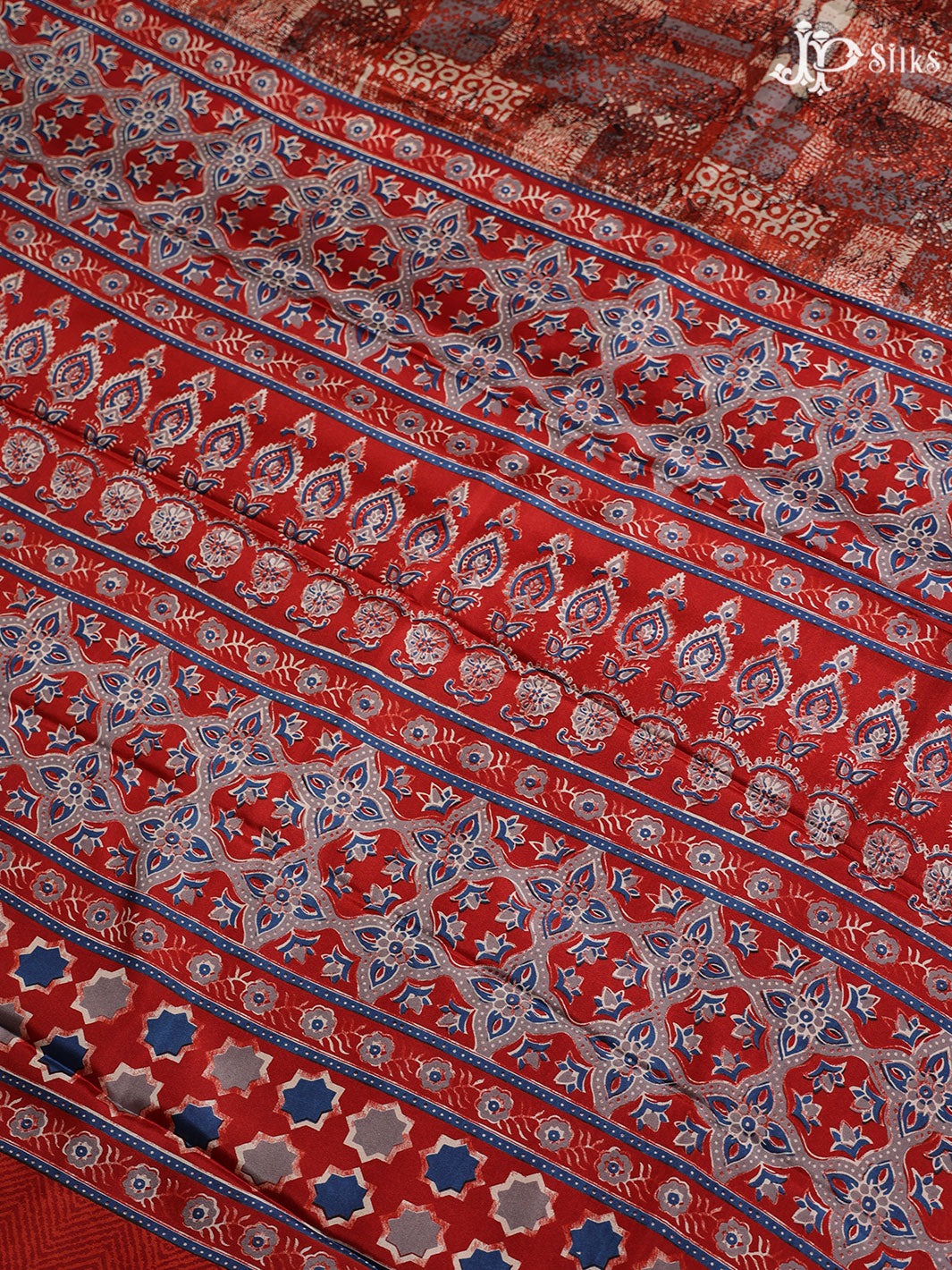 Red and Blue Crepe Raw Silk Saree- E896 - View 4