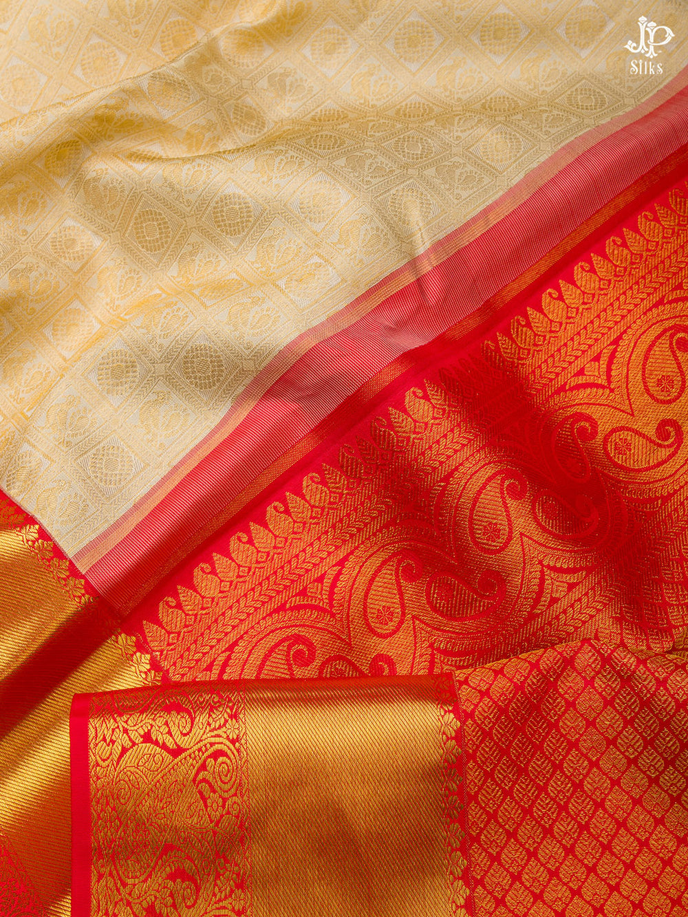 Cream and Red Kanchipuram Silk Saree - D6872 -View 2