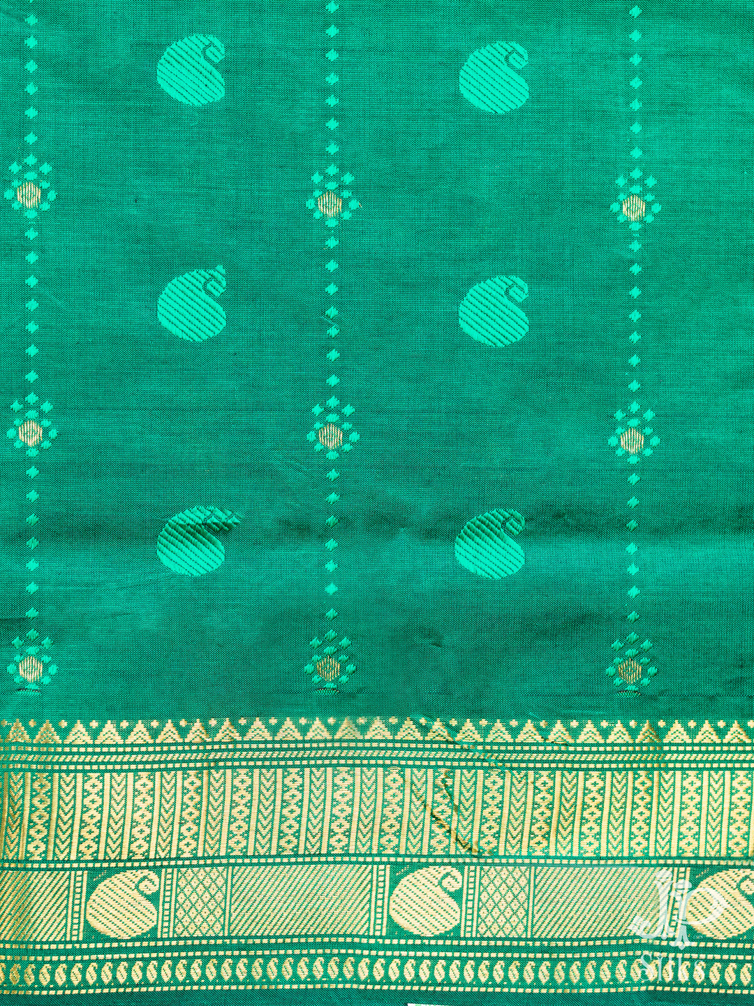 Olive Green and Teal Green Poly Cotton Saree - D1164 - VIew 2