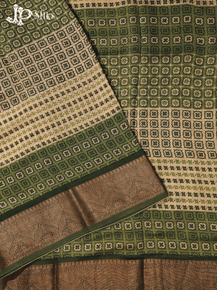 Beige and Green Semi Chanderi Fancy Saree - E1577 - View 1