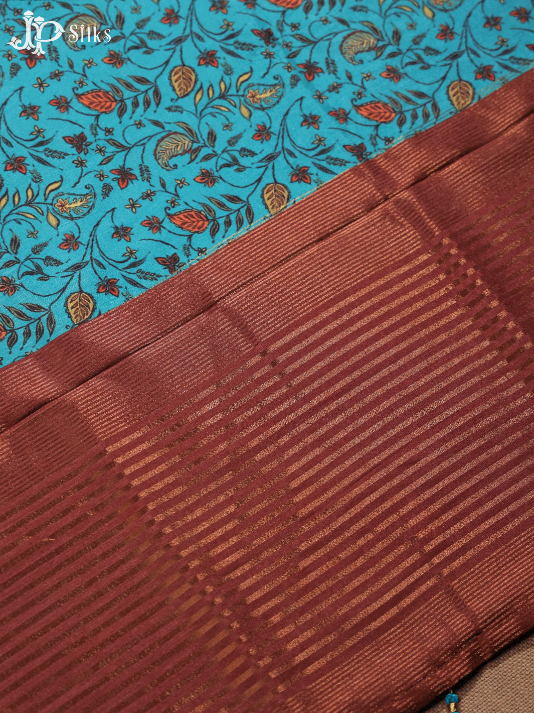Blue and Brown Floral Design Semi Tussar Fancy Saree - E3993 - View 6