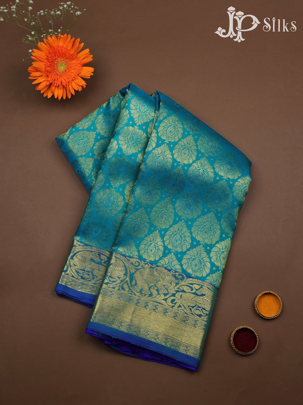 Teal Green with Blue Kanchipuram Silk Saree - A387 - View 1