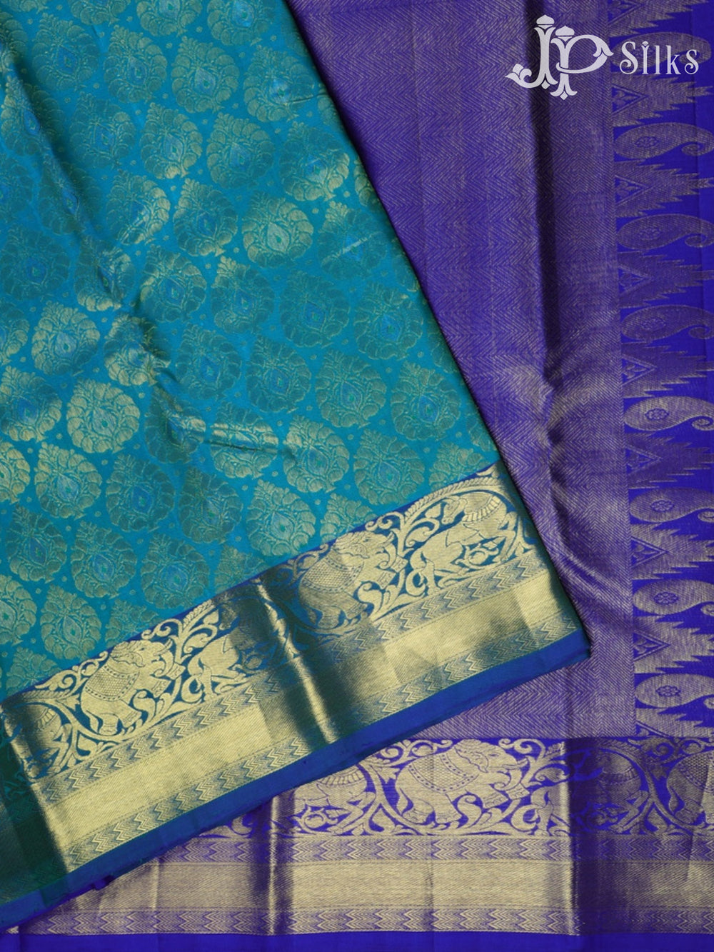 Teal Green with Blue Kanchipuram Silk Saree - A387 - View 2