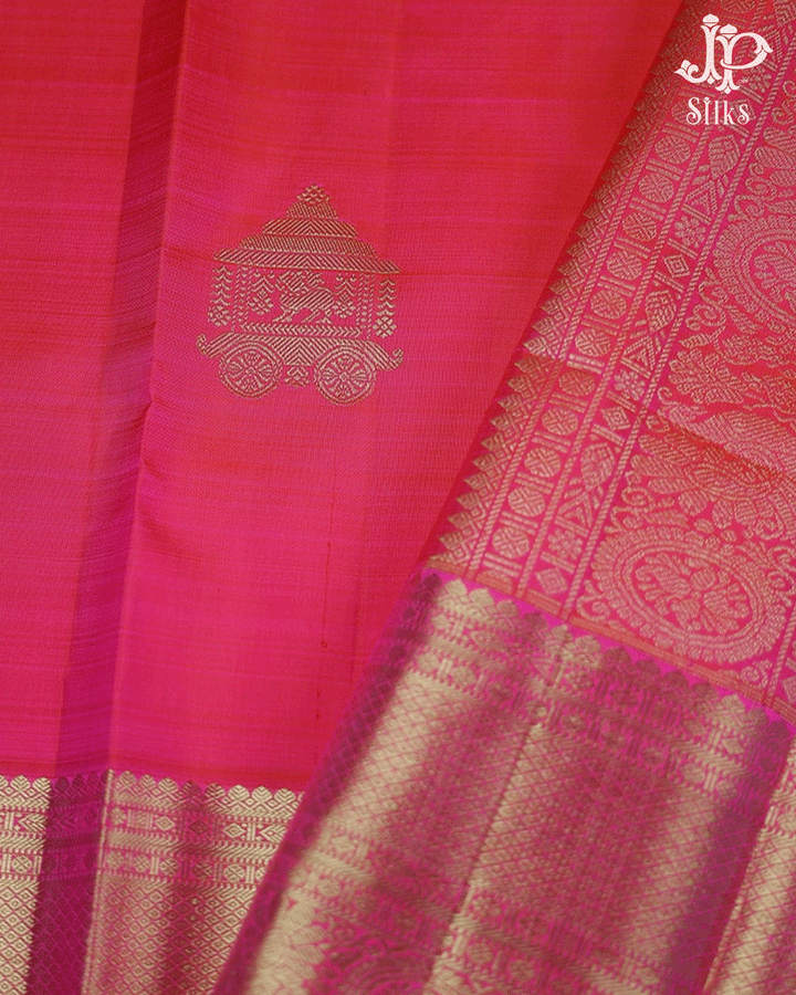 Pinkish Red Chariot Motifs Kanchipuram Silk Saree - F2 - View 2