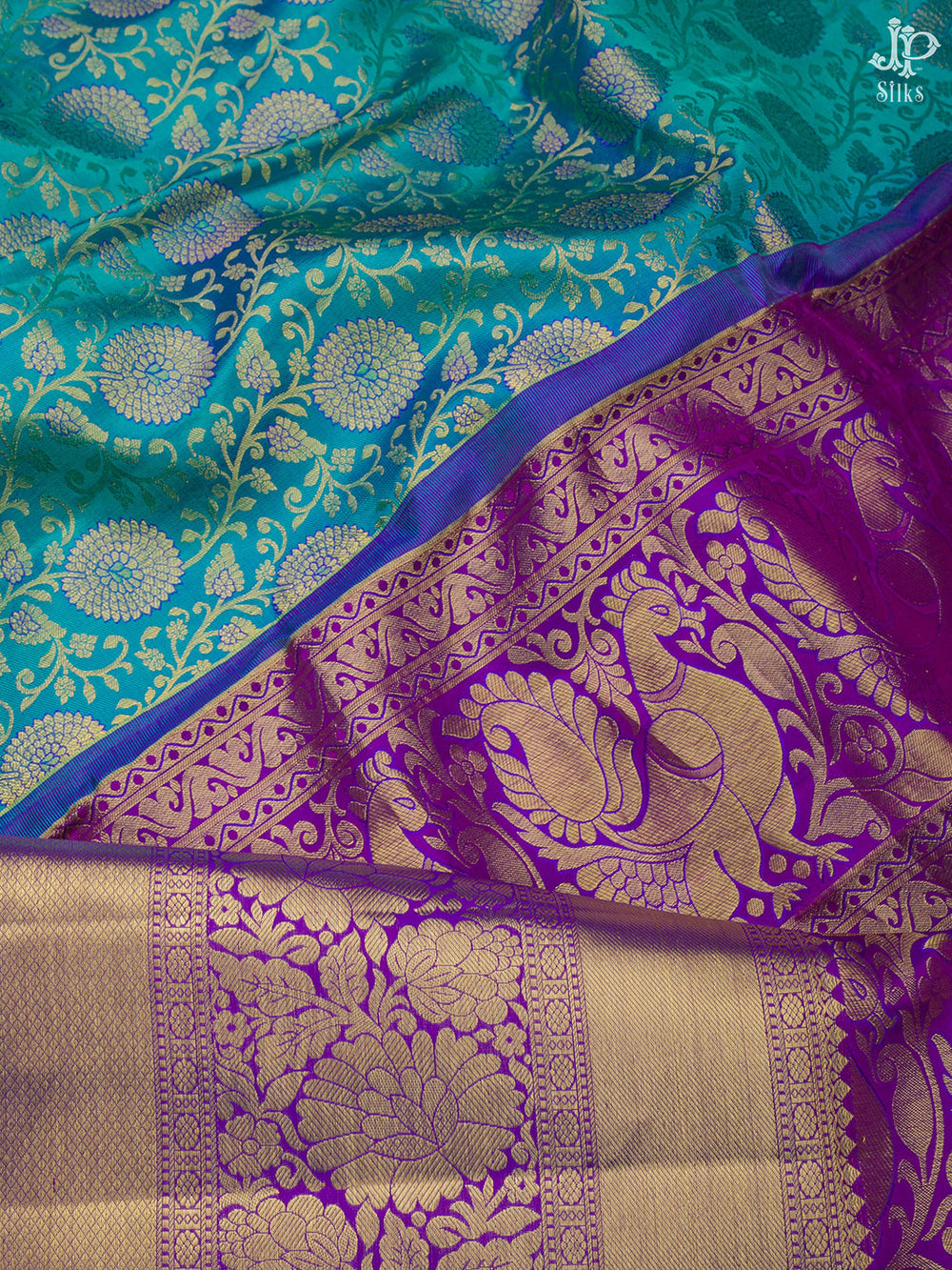 Teal Blue and Purple Kanchipuram Silk Saree - D1070 - View 2