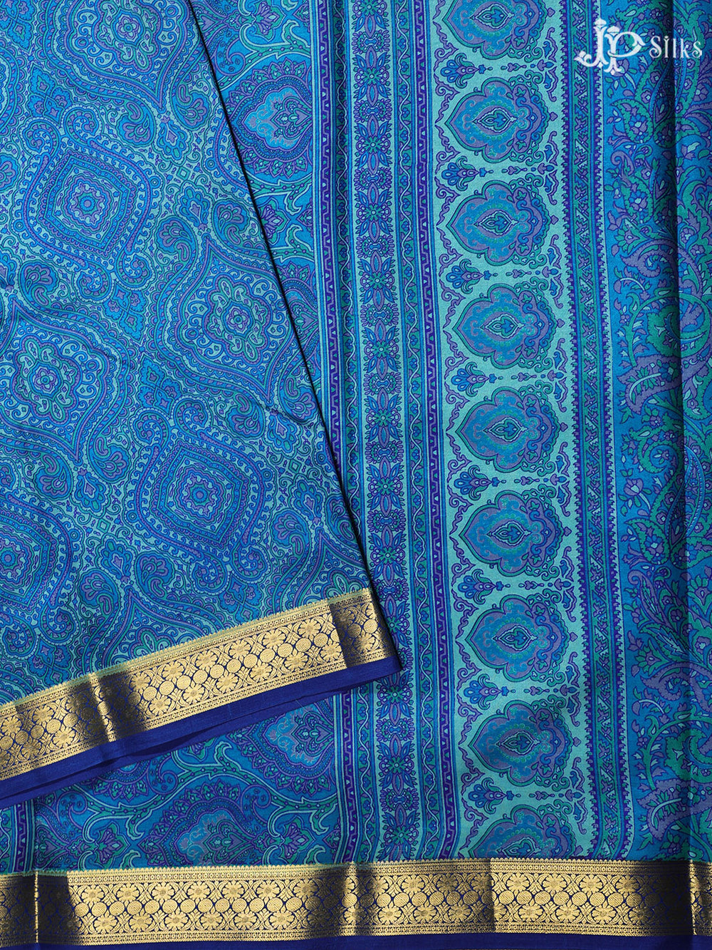 Blue Crepe Raw Silk Saree- E879 - View 1