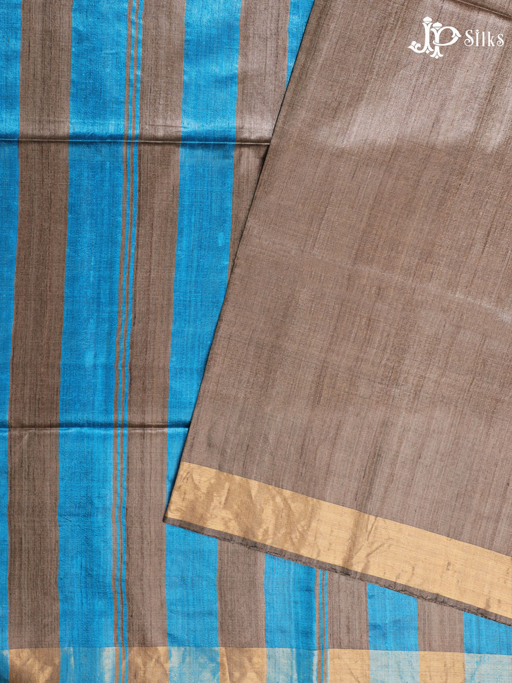 Beige and Blue Tussar Silk Saree - E39 - View 1