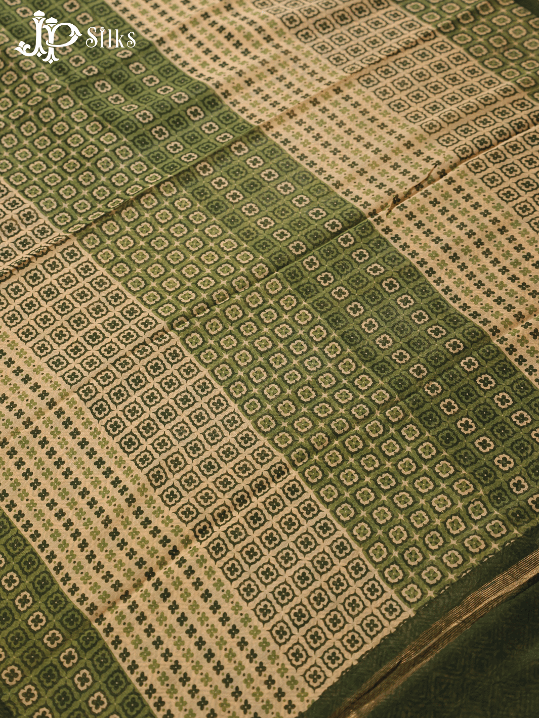Beige and Green Semi Chanderi Fancy Saree - E1577 - View 4