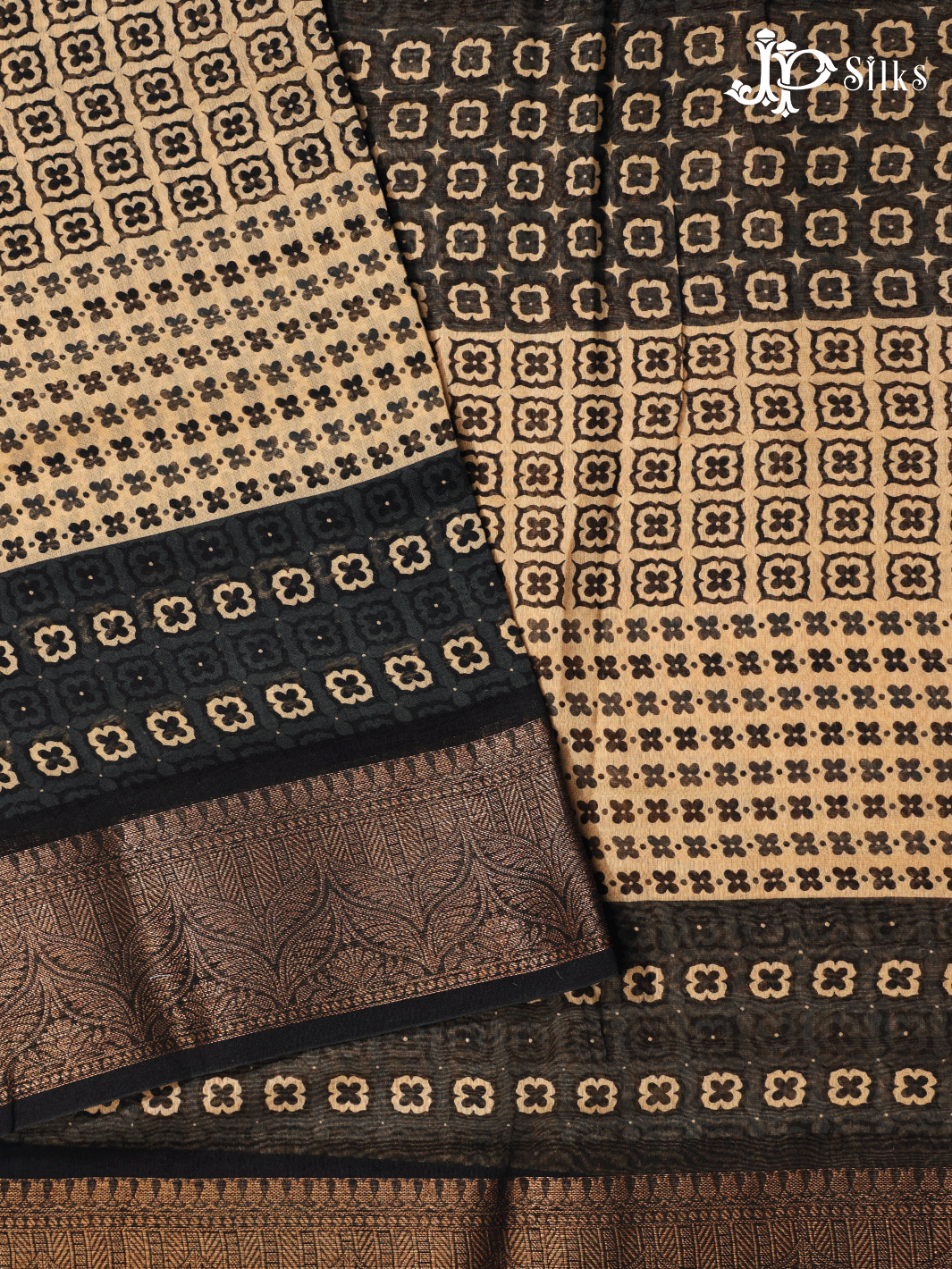 Beige and Black Semi Chanderi Fancy Saree - E1578 - View 1