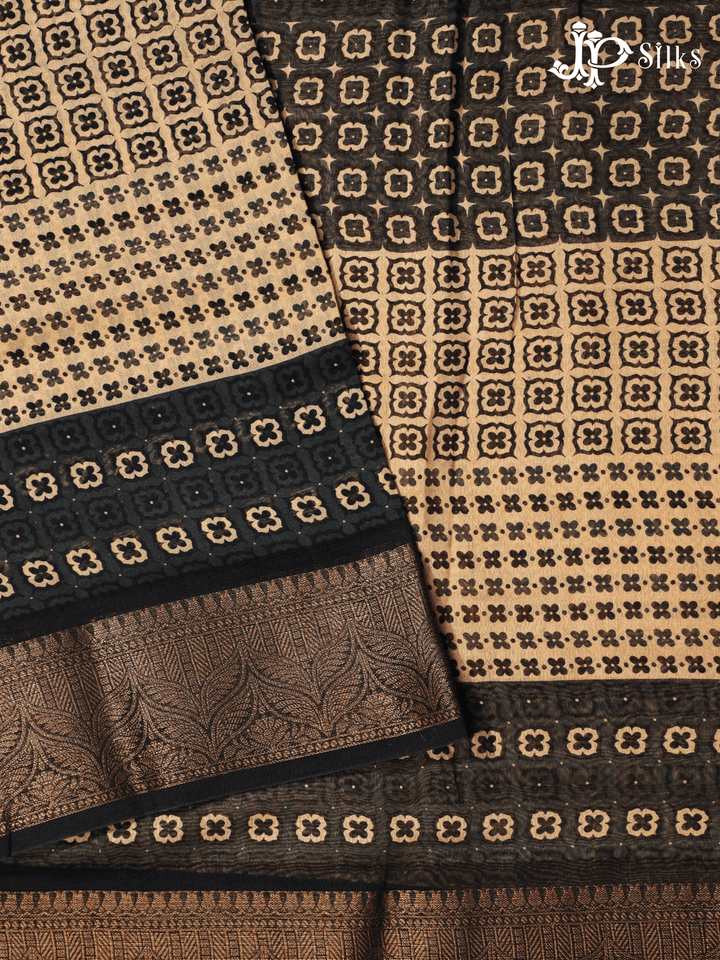 Beige and Black Semi Chanderi Fancy Saree - E1578 - View 1