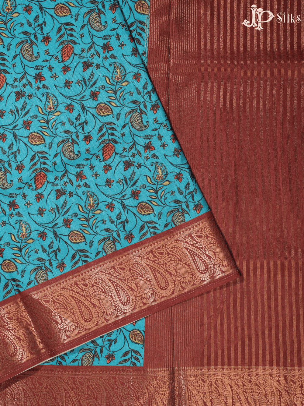 Blue and Brown Floral Design Semi Tussar Fancy Saree - E3993 - View 1