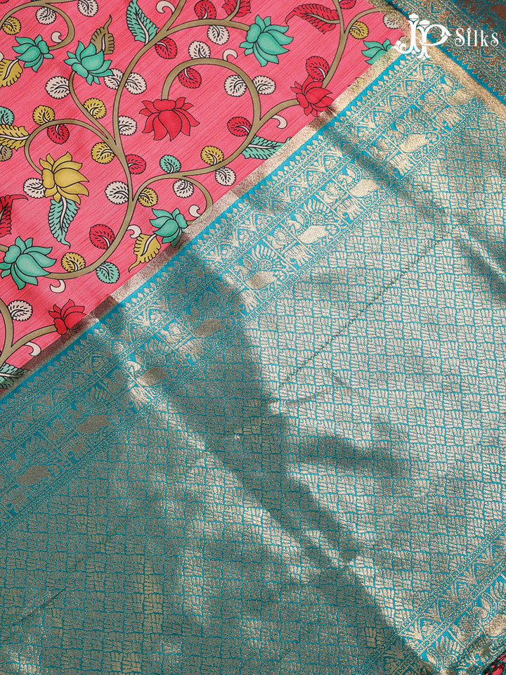 Pink and Teal Blue Semi banaras with Digital Prints Fancy Sarees -  E4000 - View 4