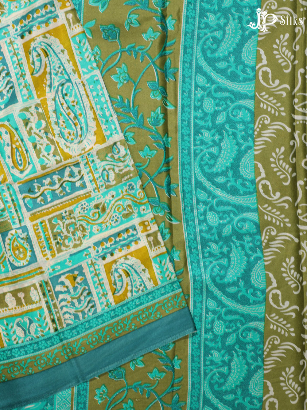 Teal Blue and Olive Green Crepe Raw Silk Saree- E894 - View 1