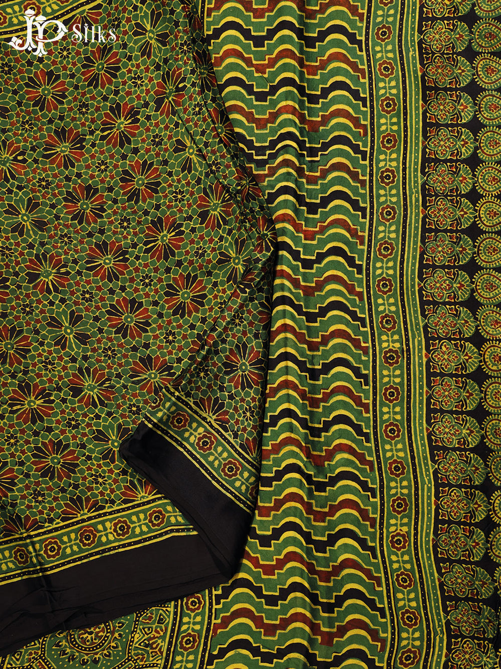 Green,Maroon and Black Ajrakh Modal Silk Fancy Saree - E5047 - View 1