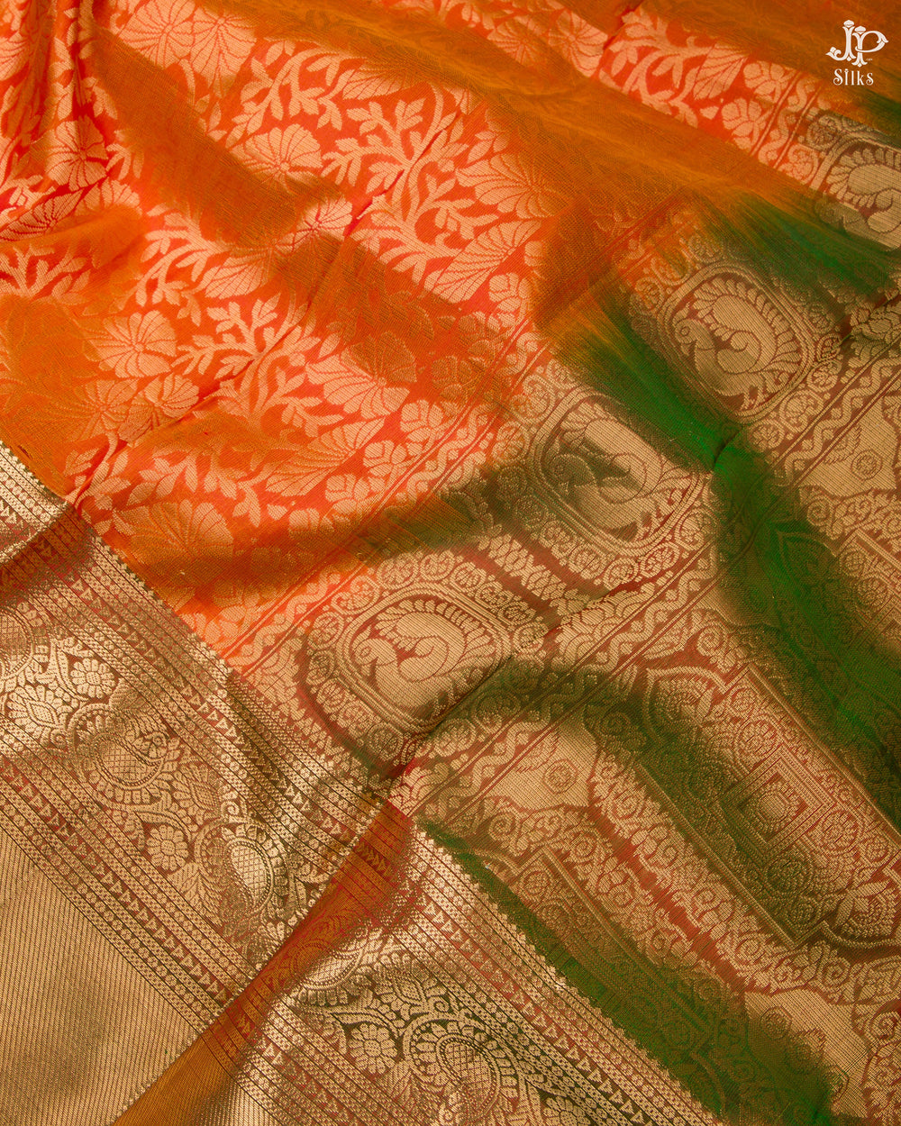 Orange and Olive Green Kanchipuram Silk Saree - D4118 - View 2