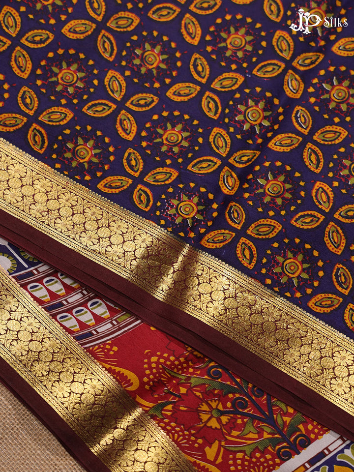 Navy Blue and Multi Color Crepe Raw Silk Saree- E888 - View 3