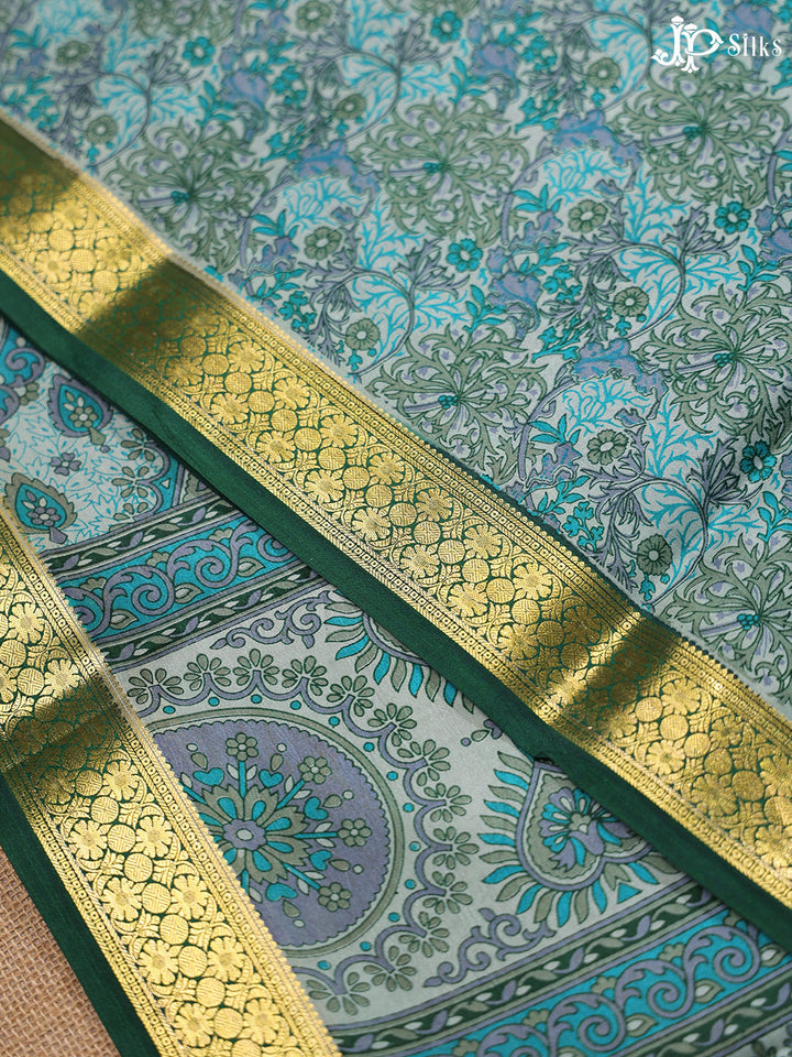 Teal Blue and Multi Color Crepe Raw Silk Saree- E883 - View 5