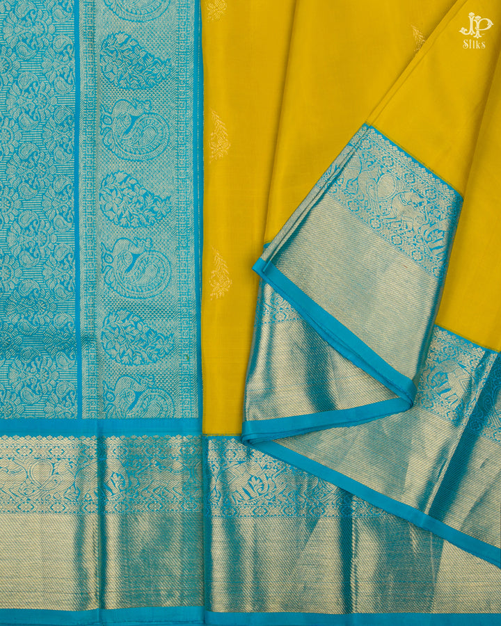 Yellow and Teal Blue Kanchipuram Silk Saree - D2216 - View 5