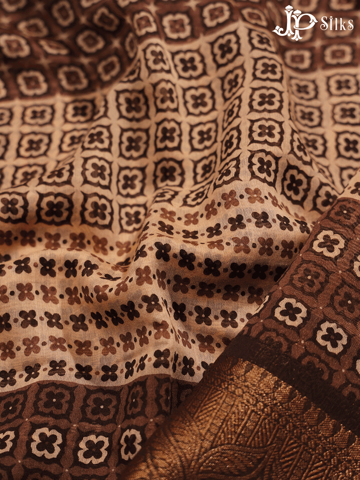 Beige and Brown Semi Chanderi Fancy Saree - E1576 - View 3