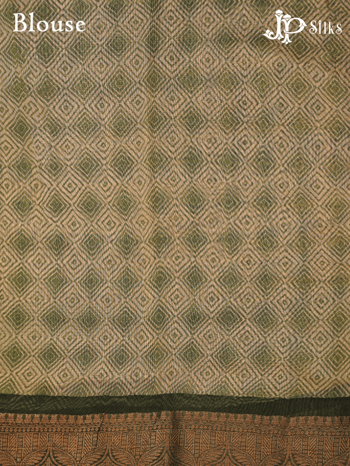 Beige and Green Semi Chanderi Fancy Saree - E1577 - View 2