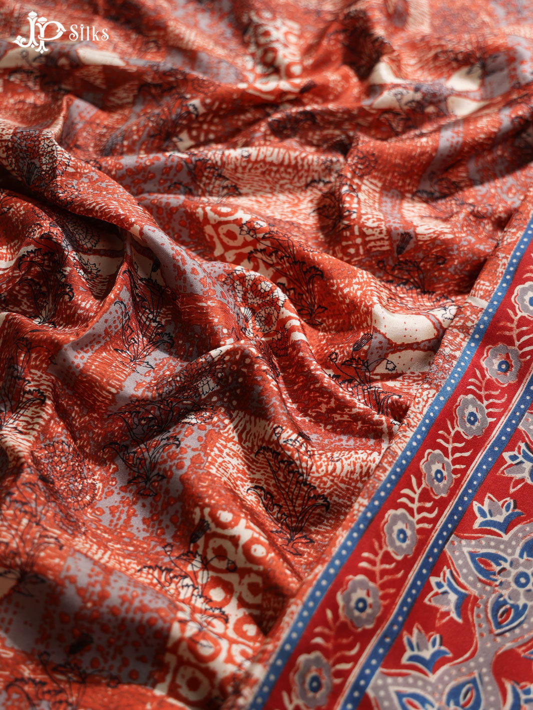 Red and Blue Crepe Raw Silk Saree- E896 - View 5