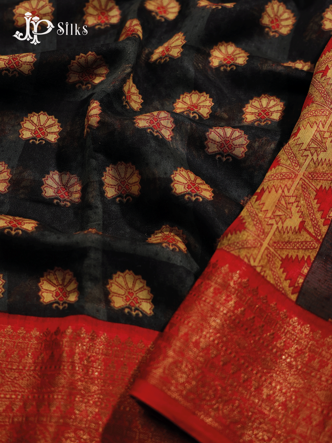 Black and Red Semi Chanderi Fancy Saree - E1582 - View 2