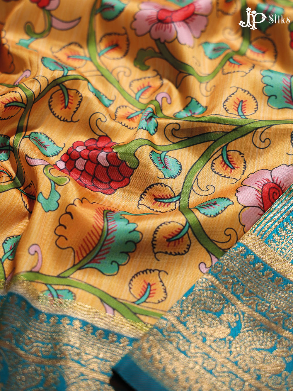 Mustard Yellow and Teal Blue Semi banaras with Digital Prints Fancy Sarees - E4001 - View 1
