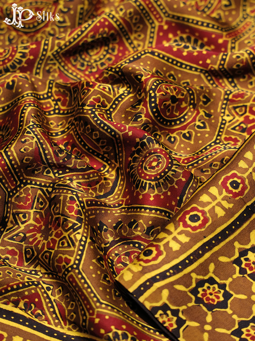 Mustard Yellow and Brown Ajrakh Printed Modal Silk Fancy Saree - E5044 - View 5