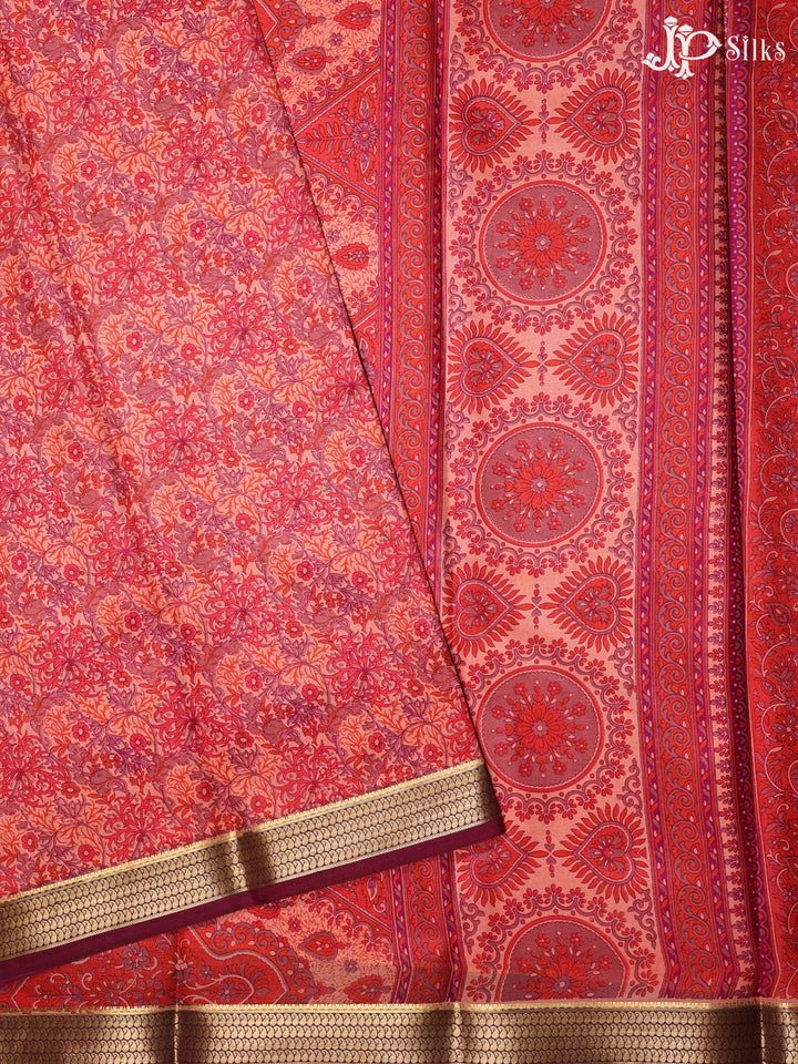 Red Orange Crepe Raw Silk Saree- E889 - View 1