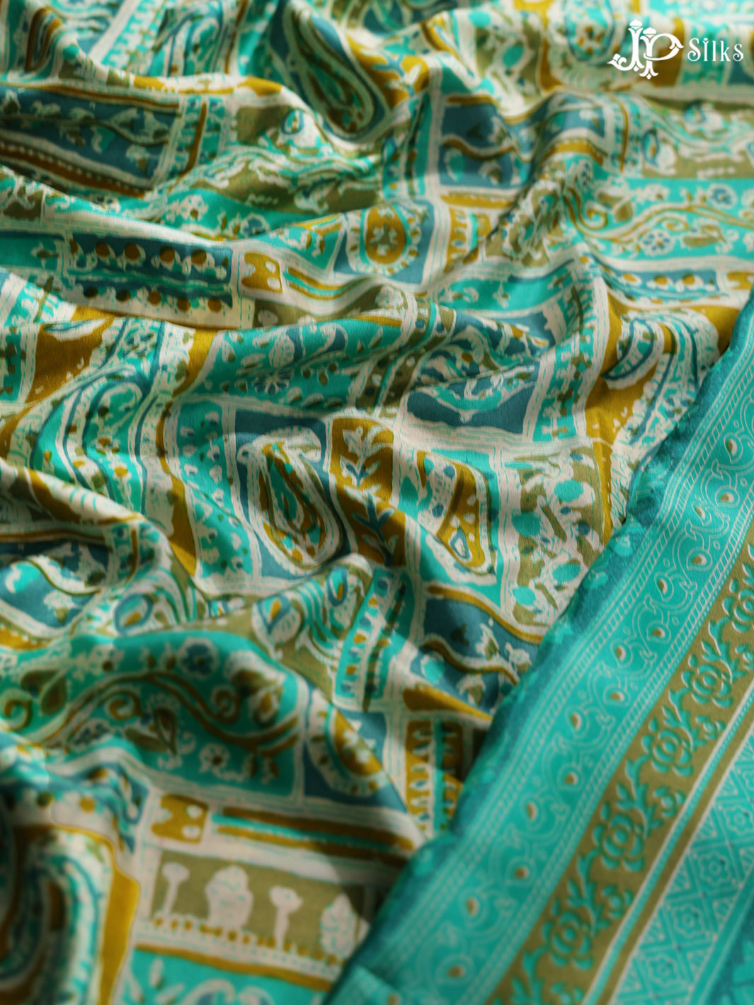 Teal Blue and Olive Green Crepe Raw Silk Saree- E894 - View 5