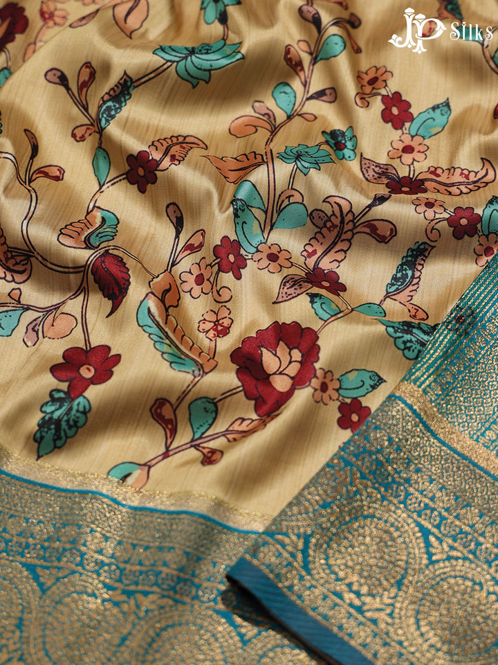 Beige and Teal Blue Semi banaras with Digital Prints Fancy Sarees -  E3998 - View 6