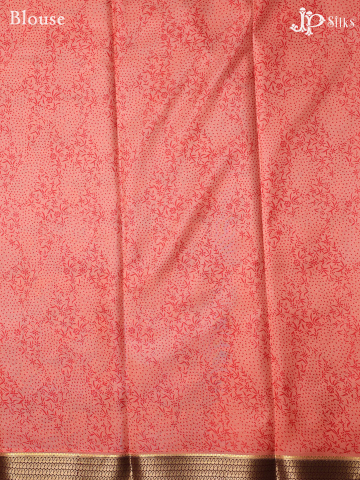 Red Orange Crepe Raw Silk Saree- E889 - View 2