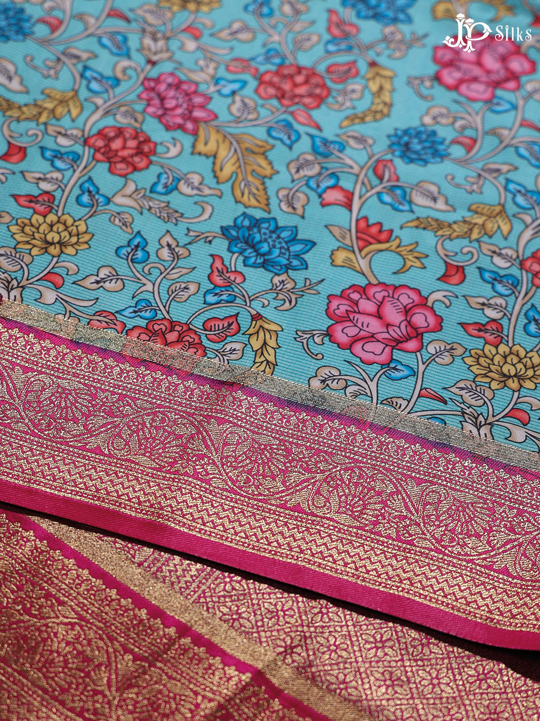 Sky Blue and Pink Semi banaras with Digital Prints Fancy Sarees -  E3997 - View 6
