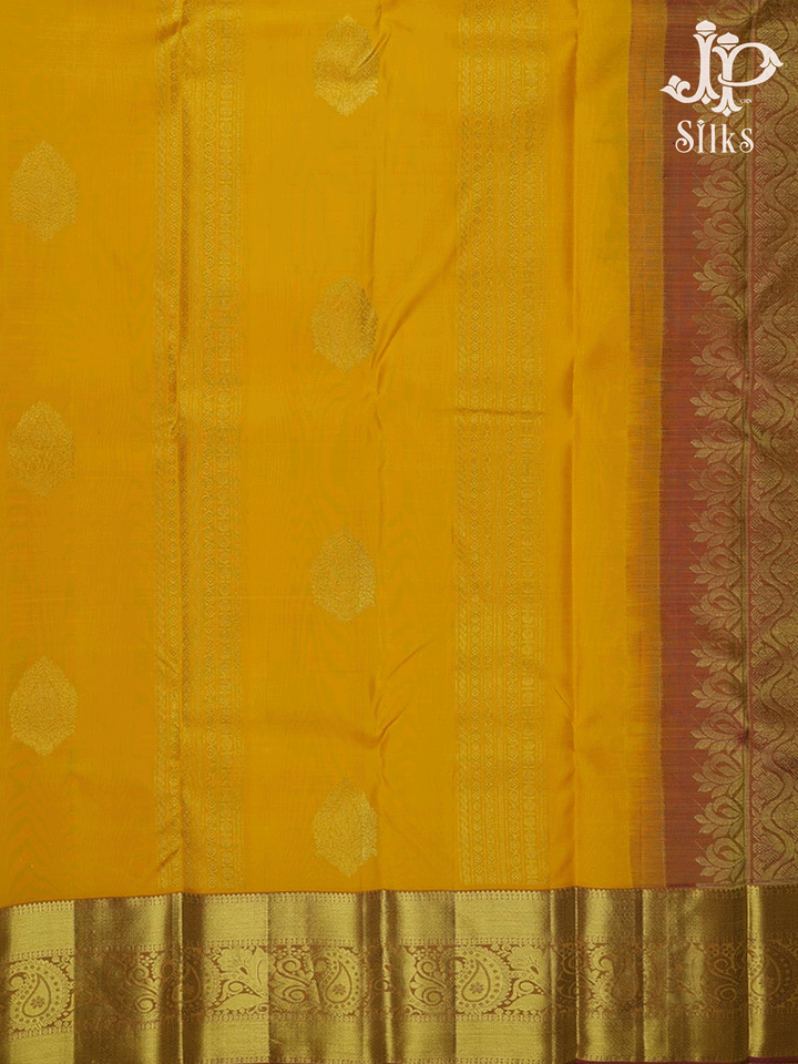 Lemon Yellow and Brown Vertical Lines Kanchipuram Silk Saree - E4712 - View 6