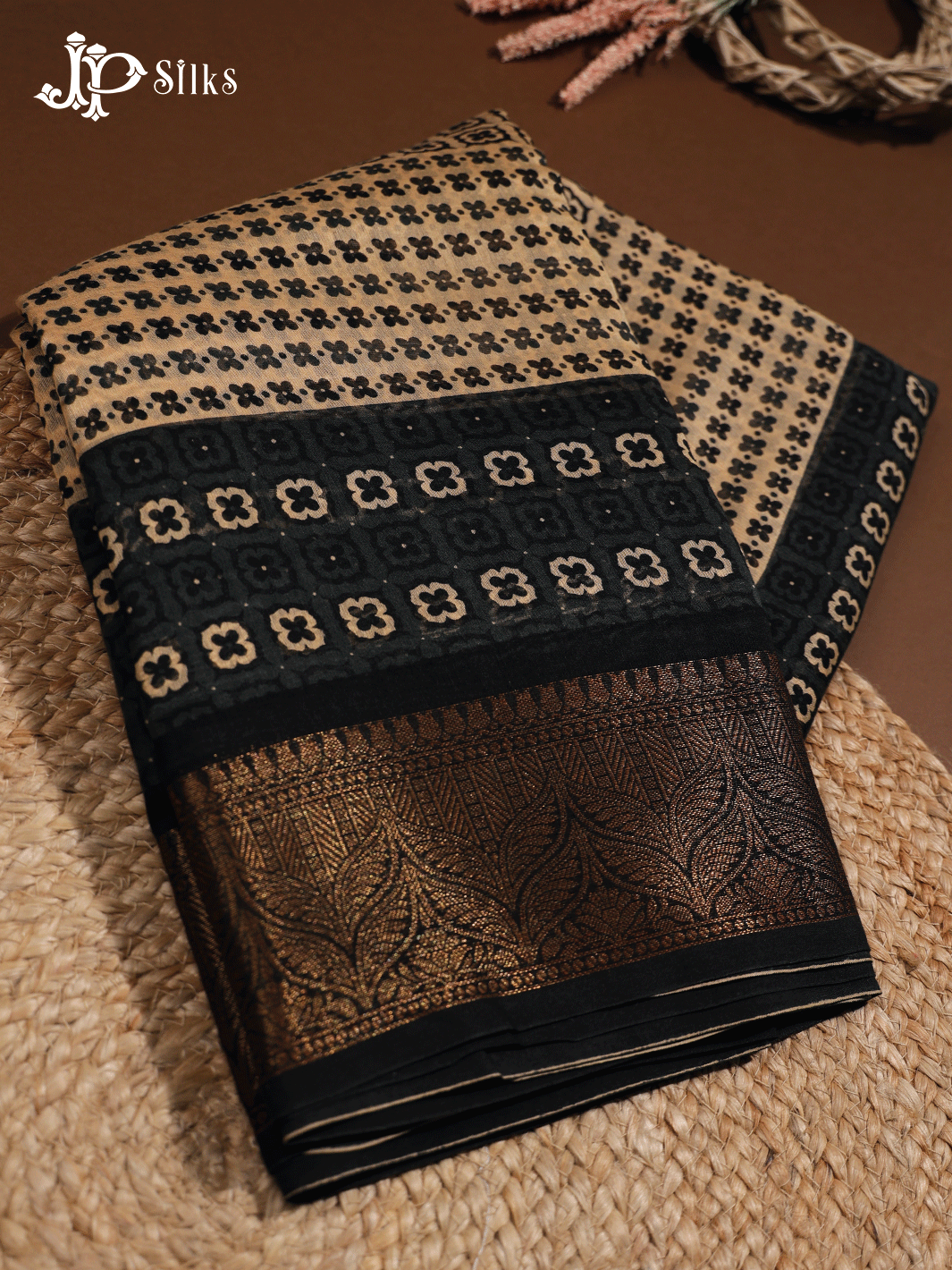 Beige and Black Semi Chanderi Fancy Saree - E1578 - View 5