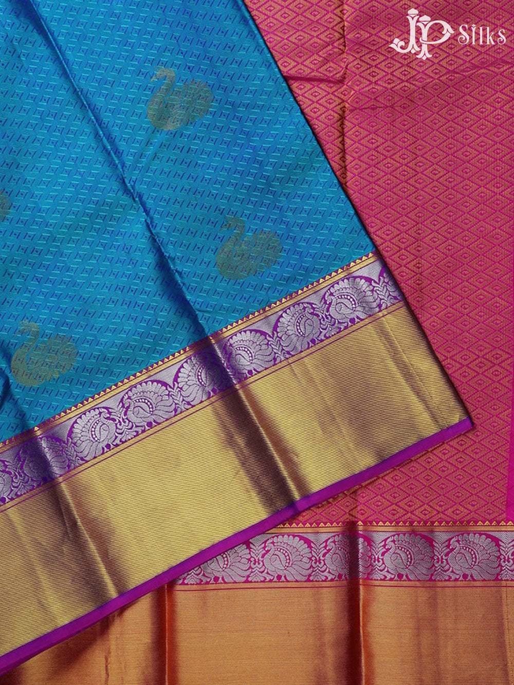 Teal Blue with Rani Pink Silk Saree - A3476 - View 2