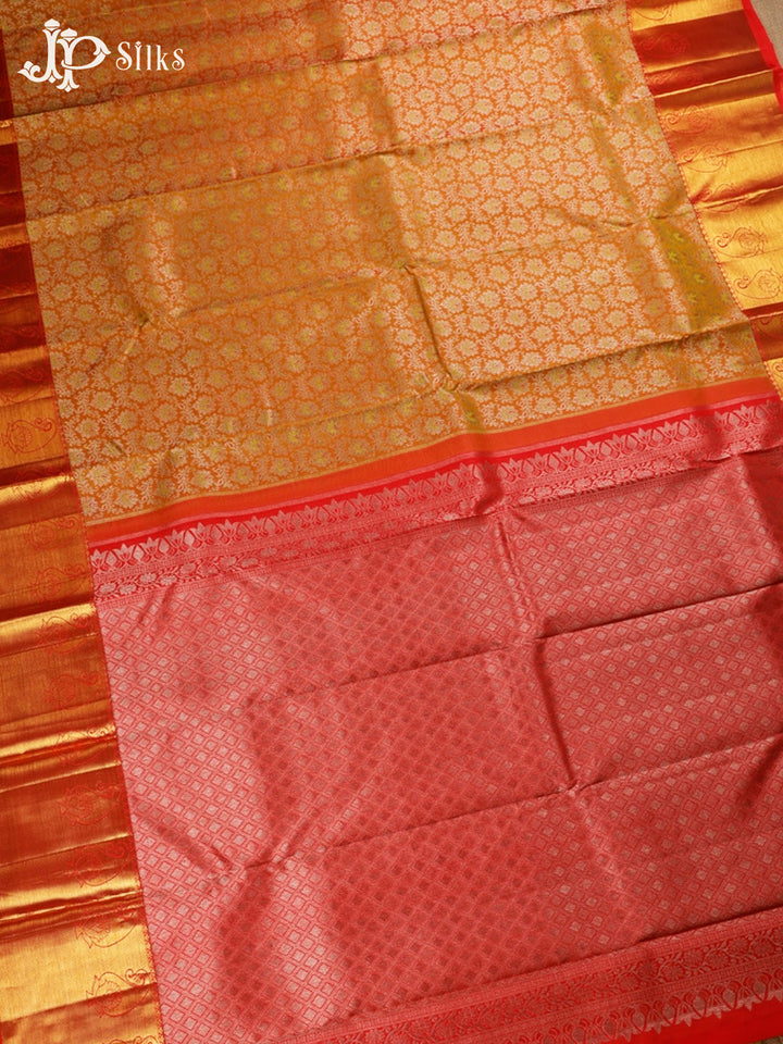 Dual Shade Rust Orange And Yellow With Pink Kanjivaram Silk Saree - E3611 2