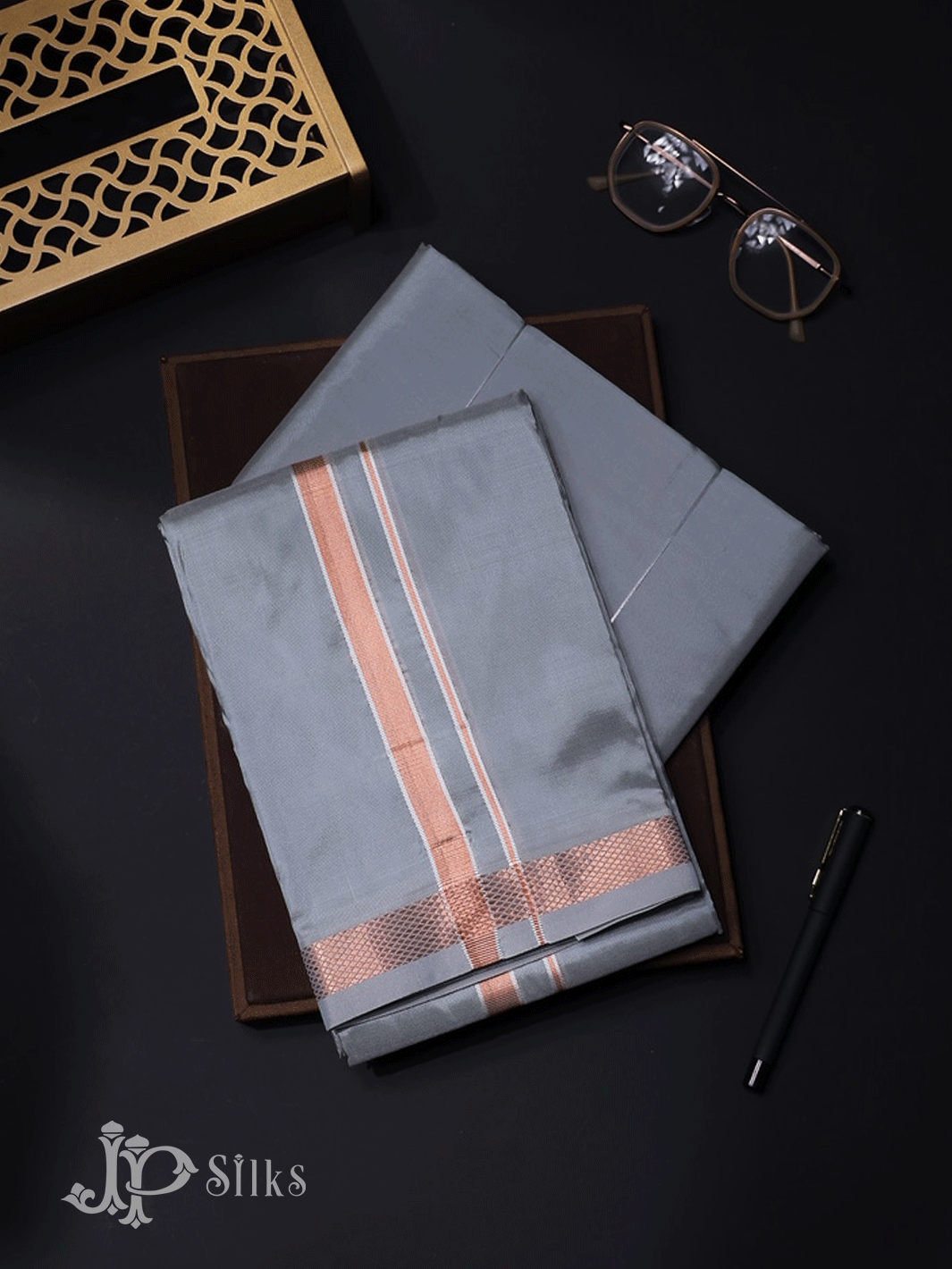Grey Mixed Silk Dhoti And Angavastra Set For Men - E2234