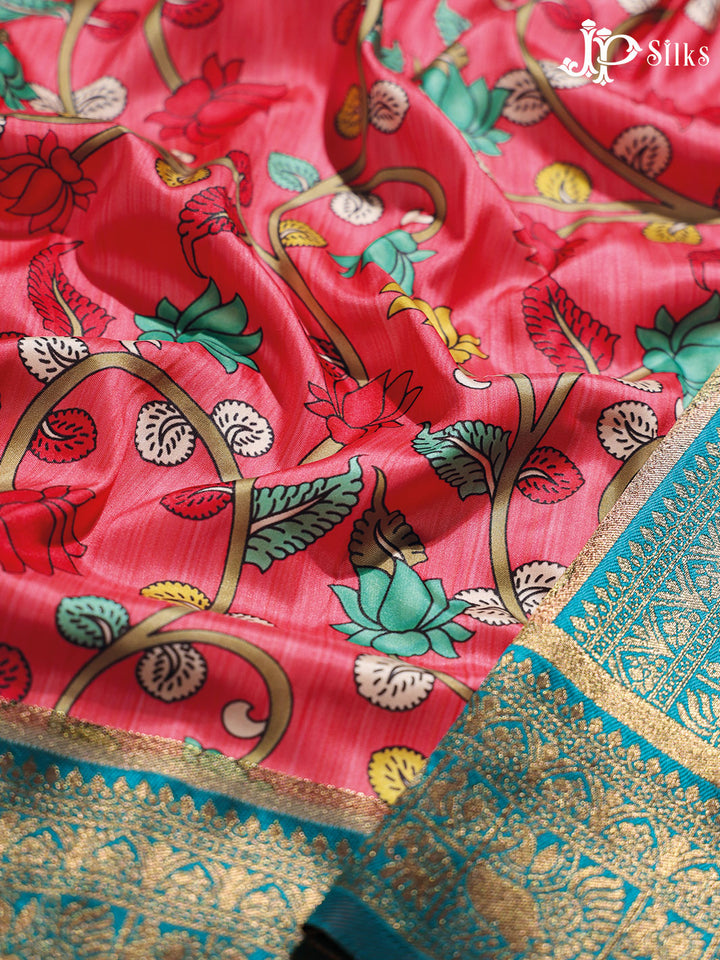 Pink and Teal Blue Semi banaras with Digital Prints Fancy Sarees -  E4000 - View 6